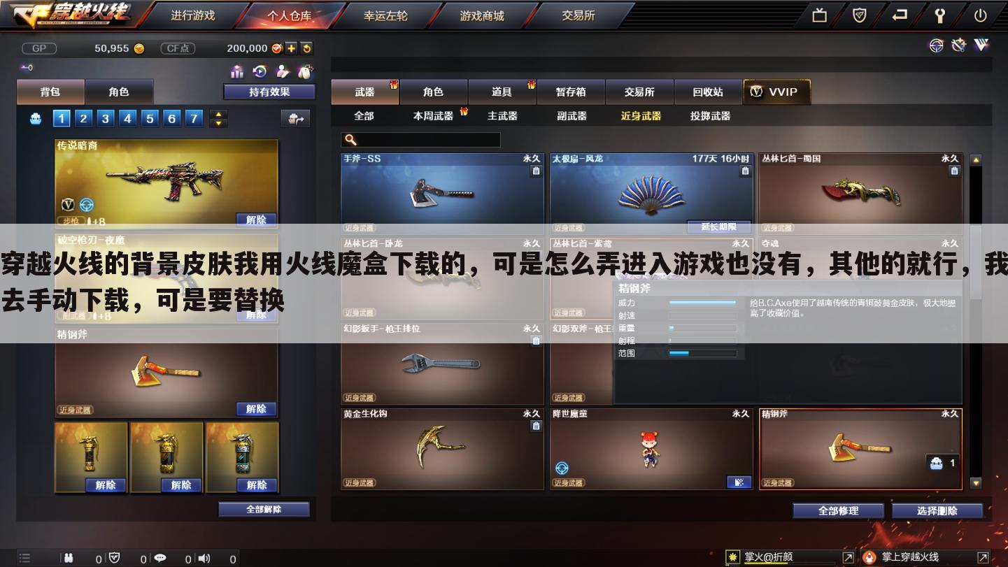 穿越火线的背景皮肤我用火线魔盒下载的，可是怎么弄进入游戏也没有，其他的就行，我去手动下载，可是要替换