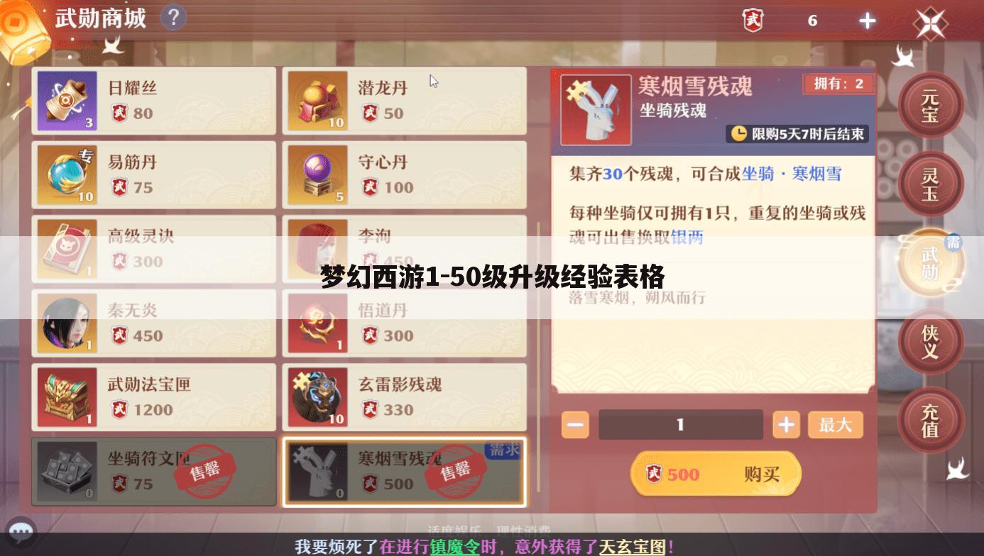 梦幻西游1-50级升级经验表格